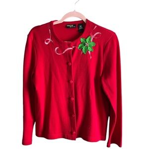 Onque Petite Women’s Red Christmas Cardigan Holly Embroidered Ribbon‎ Size PM